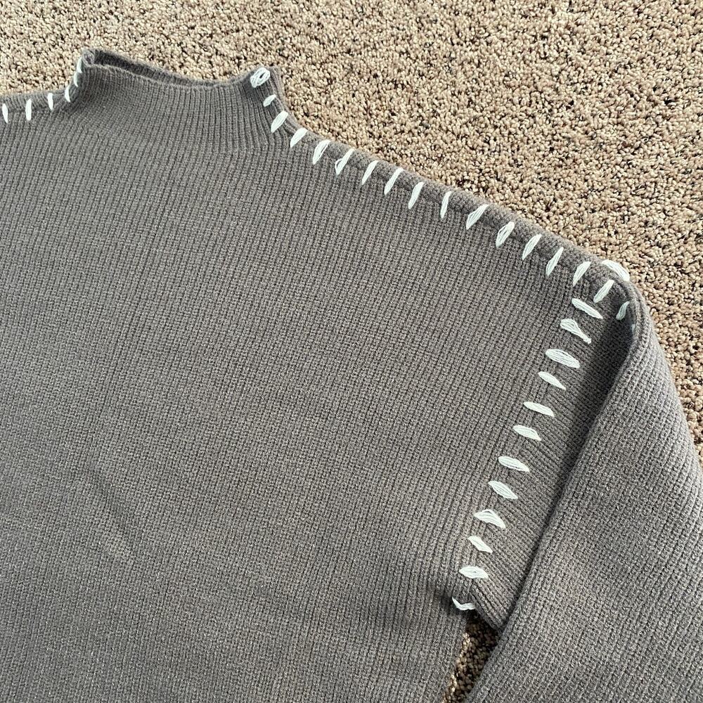 Commense Sweater Womens XL Gray Mock Neck Chunky Knit Contrast Stitch Pullover - Picture 3 of 7